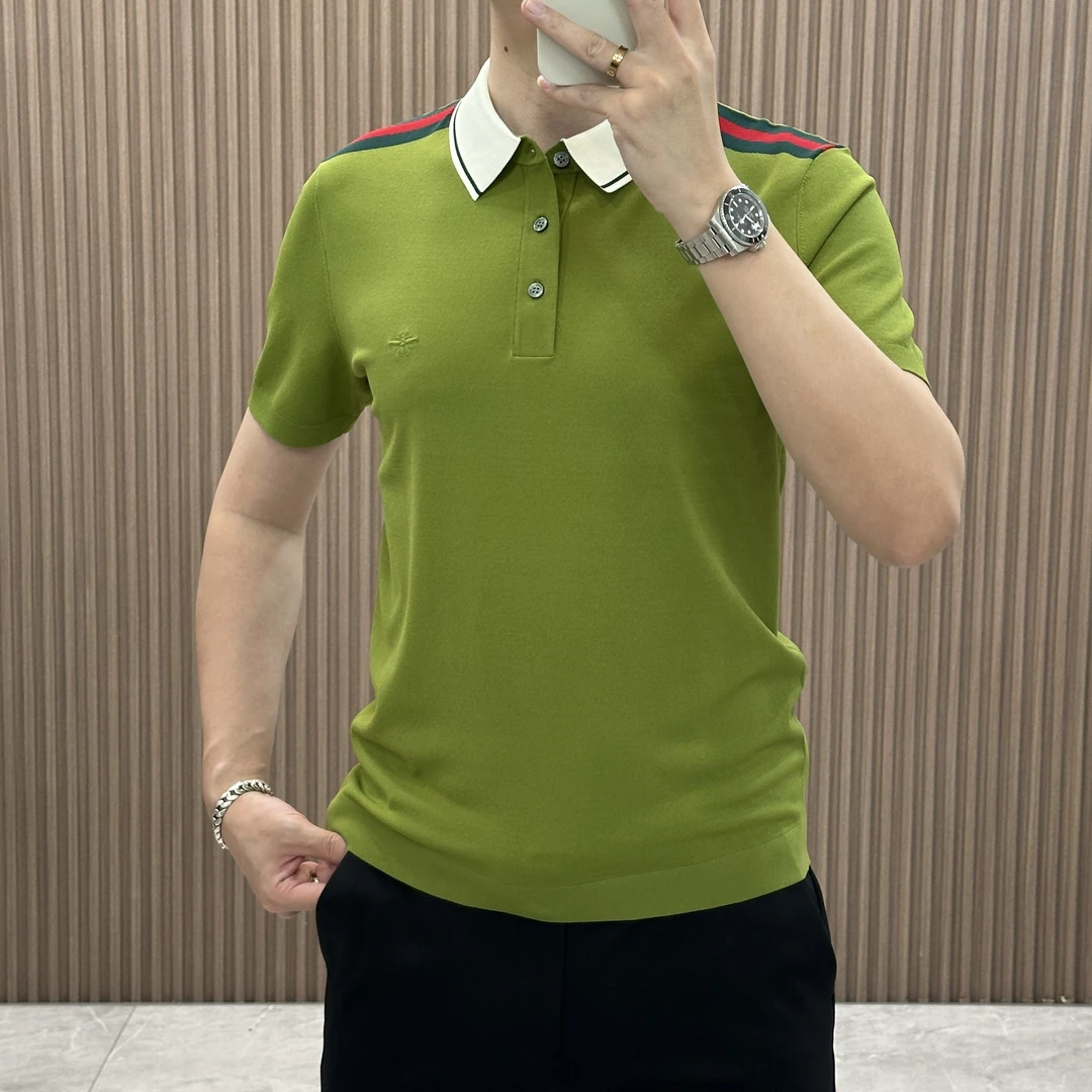 欧若风翻领拼色T恤轻奢夏季百搭修身针织男士上衣纯色潮流96055