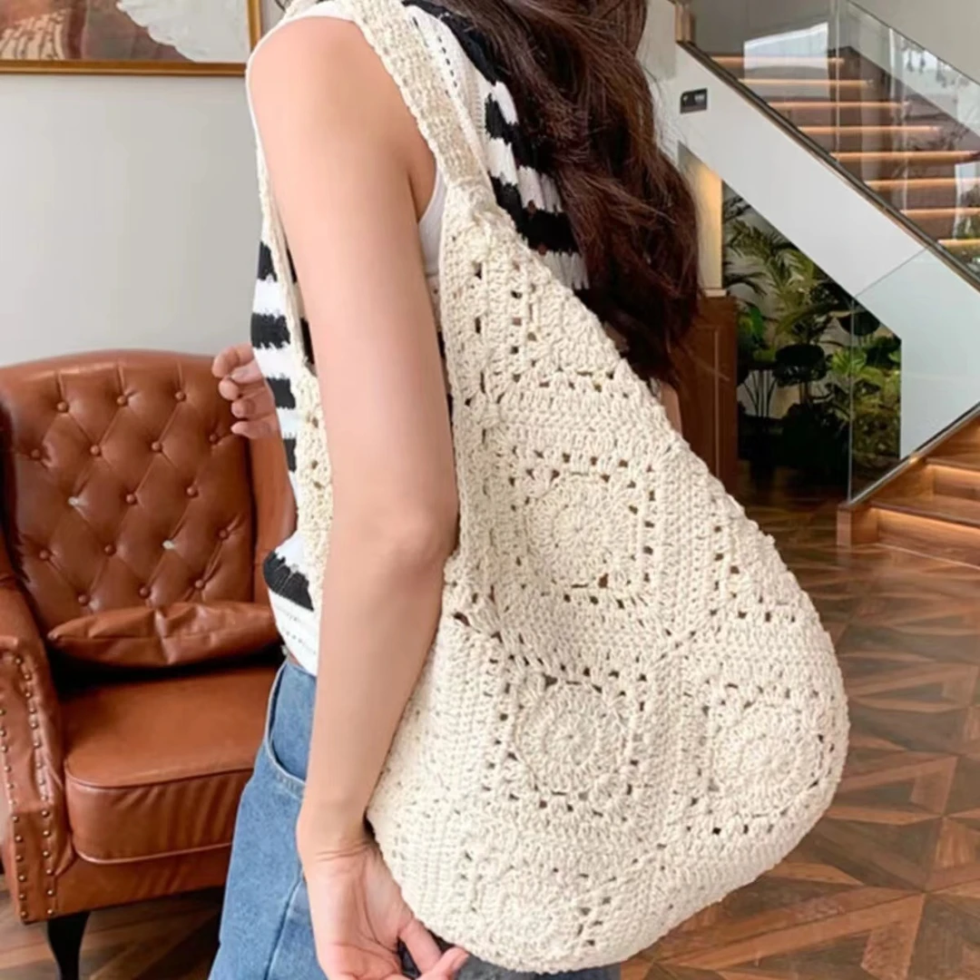 甜美温柔系手工编织包包休闲大容量单肩包钩织海边沙滩度假托特包