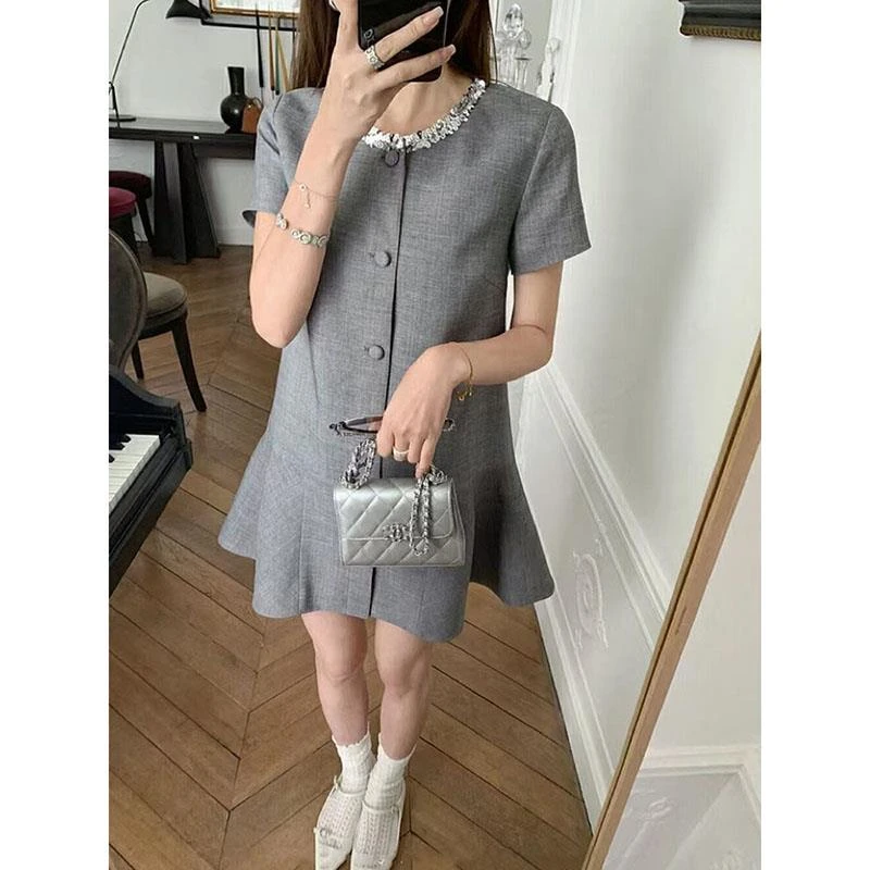 法式千金风珠片织带西装连衣裙女2025春季新款高级感气质显瘦裙子