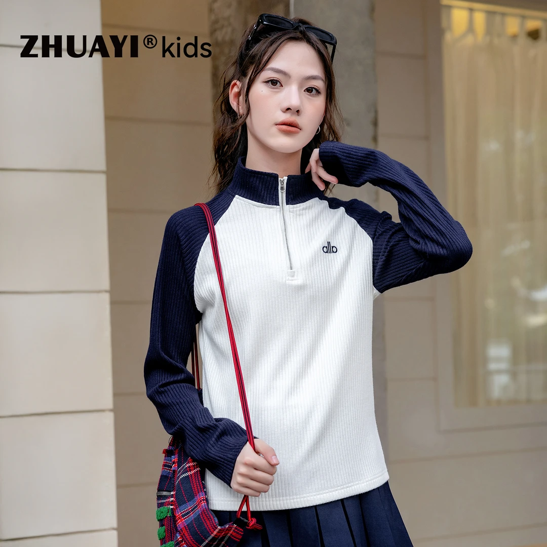 女童秋款打底T恤撞色字母拉链上衣时尚休闲针织T恤（25301335）4