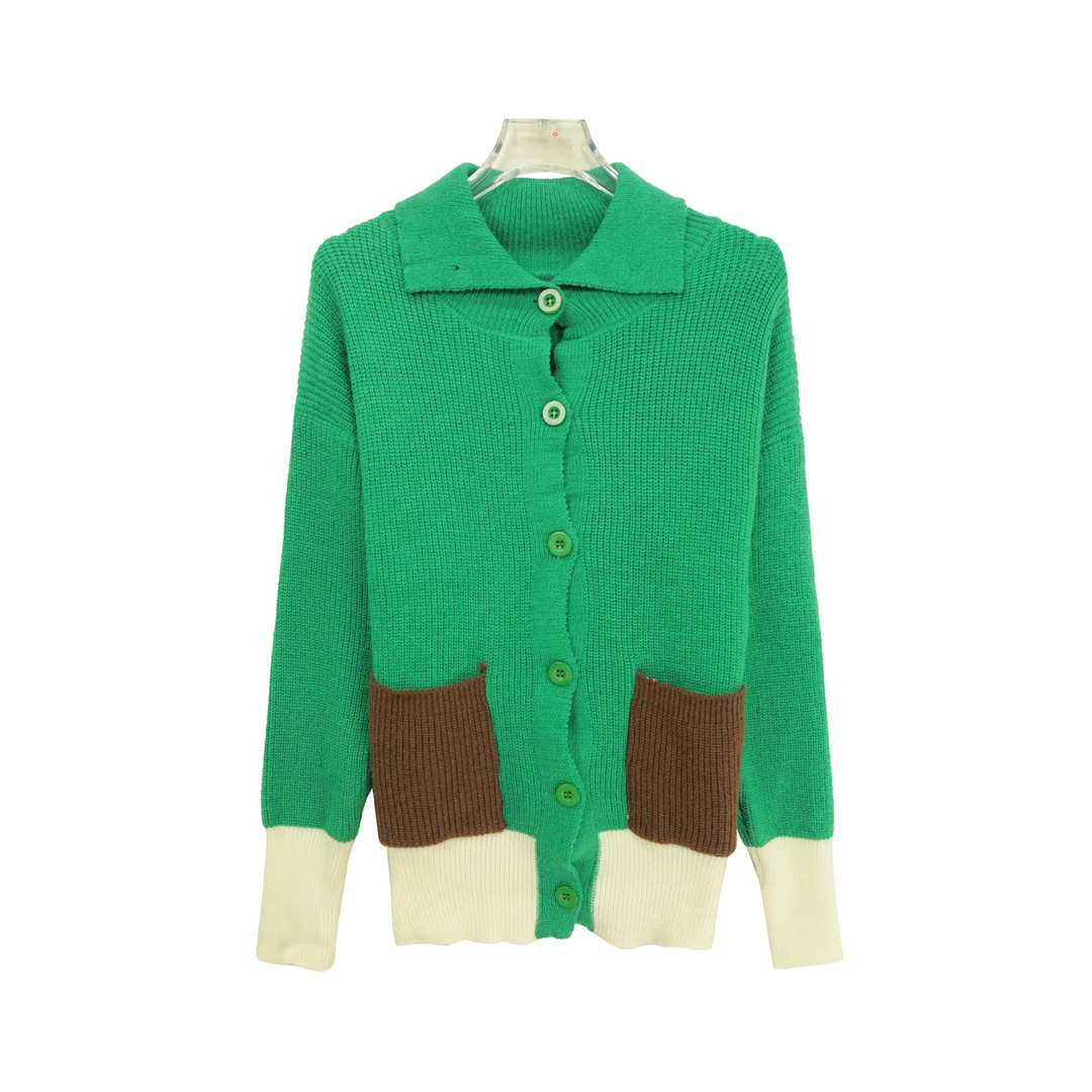 秋冬时尚复古撞色翻领针织毛衣开衫K24387