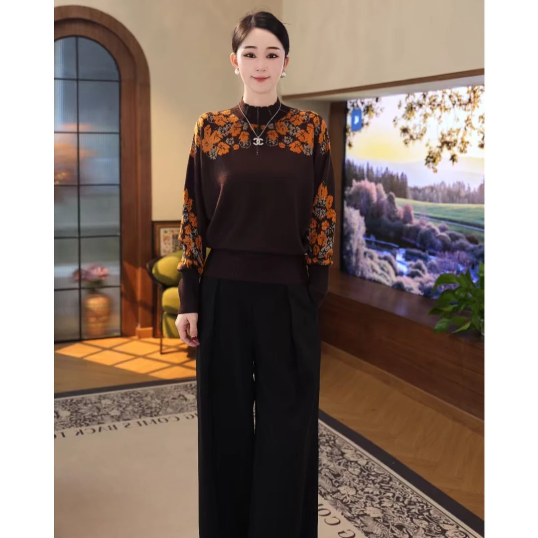 2026秋冬新款【QQ-1264JR】含绵羊毛洋气显瘦长袖咖色优雅针织衫女