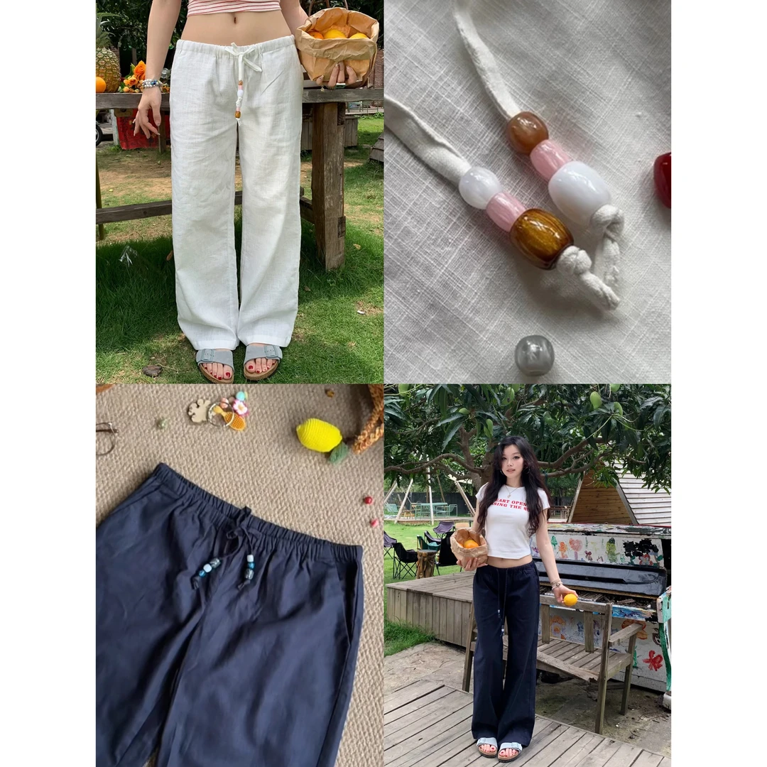 夏季宽松简约百搭竹节串珠休闲裤阔腿裤21625#