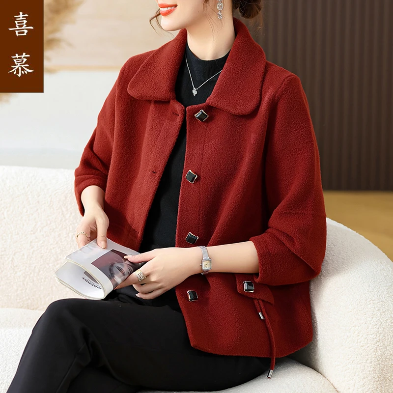 妈妈春秋装2025新款新年仿水貂绒毛呢外套中老年女本命年红色上衣