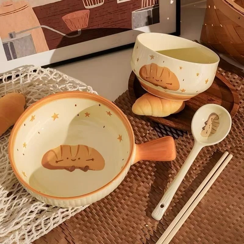 水果可颂陶瓷手柄碗家用可爱饭碗少女心汤碗学生宿舍餐具泡面碗T