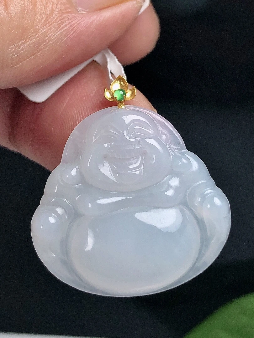 缅甸天然翡翠A货18K金扣镶嵌冰种起胶佛公吊坠冰透精美大女王玉坠