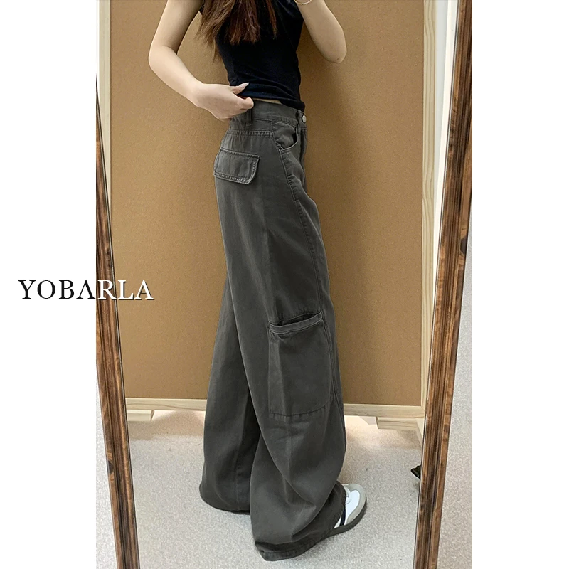 灰色阔腿牛仔工装裤女秋冬大码梨型身材胖mm宽松显瘦垂感直筒裤子