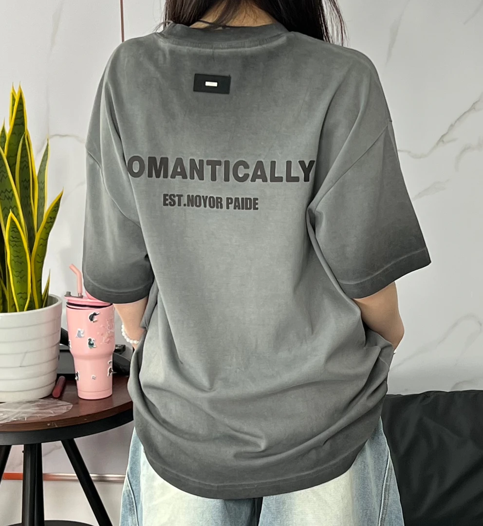 夏季原创新款潮牌流行水洗做旧渐变字母圆领重磅短袖T恤休闲男装