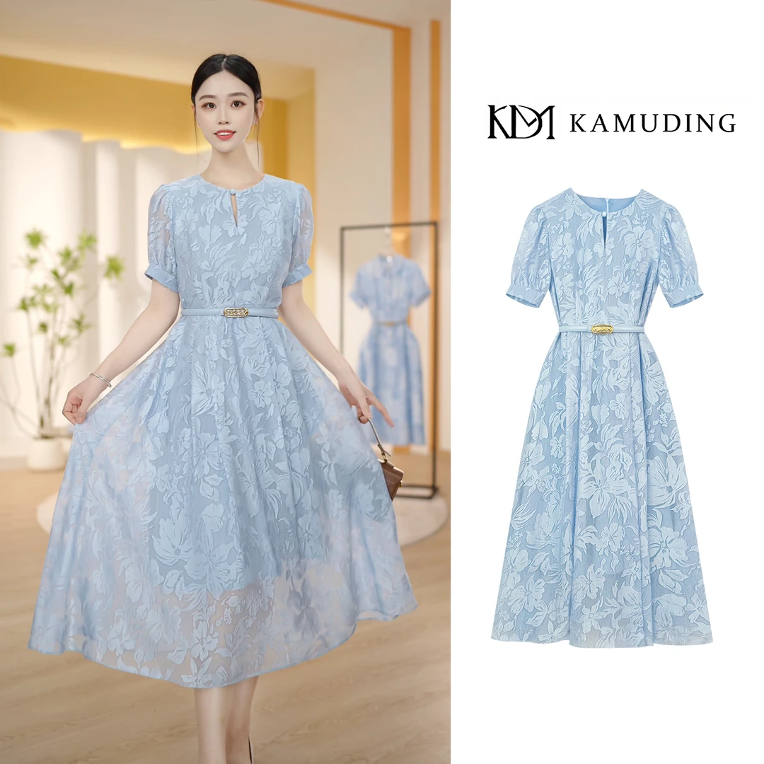 KAMUDING2025新款法式复古提花高级感花卉纹气质显瘦连衣裙8799