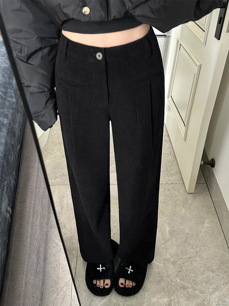 黑色雪尼尔休闲裤女秋冬新款胖妹妹mm高腰宽松显瘦灯芯绒阔腿长裤