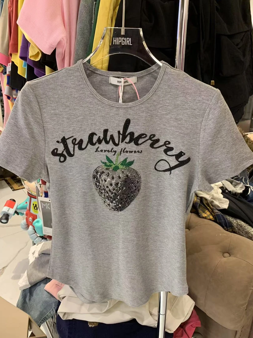 【W1013灰色灰草莓钻】T恤2025年新款包嫂夏季女装百搭