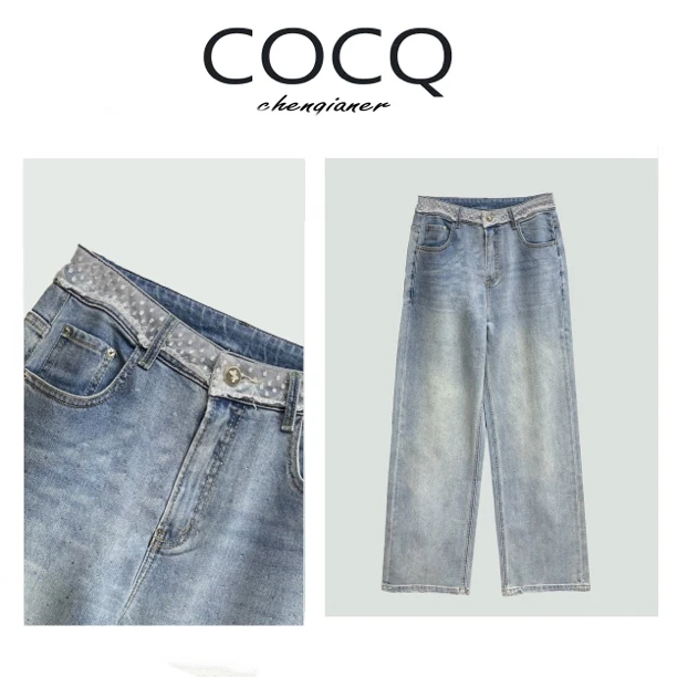 【COCQ】蕾丝腰头拼接直筒阔腿牛仔裤夏季百搭
