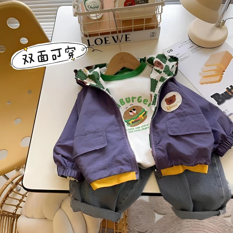 男童连帽冲锋衣春秋季新款韩版儿童宝宝帅工装防风上衣两面穿外套