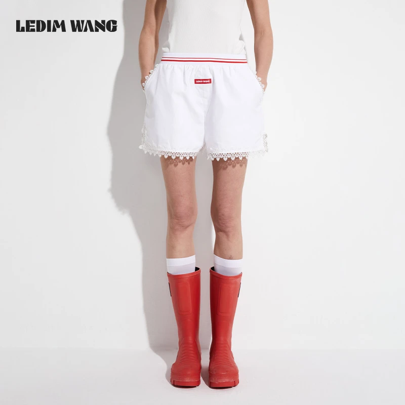1LEDIM WANG【红标系列】蕾丝花边休闲裤女夏2025新款松紧短裤