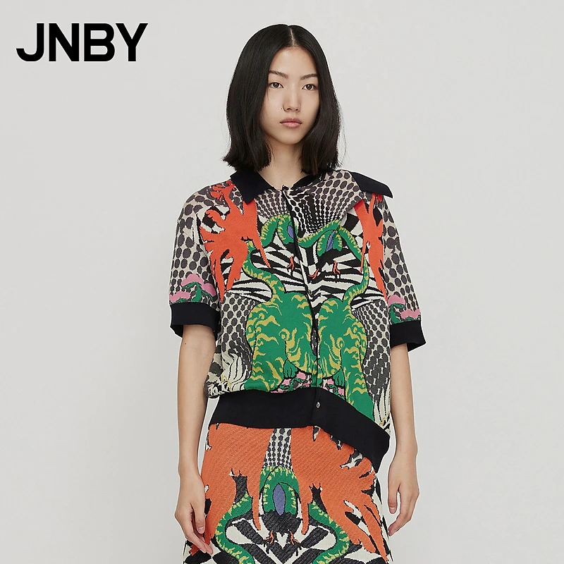 JNBY/江南布衣夏季针织衫女套头宽松短袖虎纹图案POLO衫5M3390340