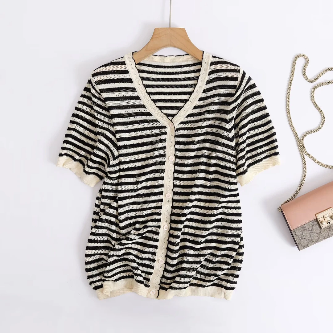 【高品质短袖】2025夏季新款V领条纹冰丝针织衫T恤宽松弹力气质大码