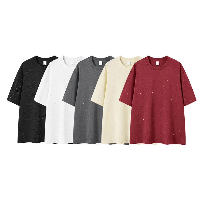 美式高街圆领宽松纯棉纯色满天星亮片短袖T夏季半袖休闲体恤衫