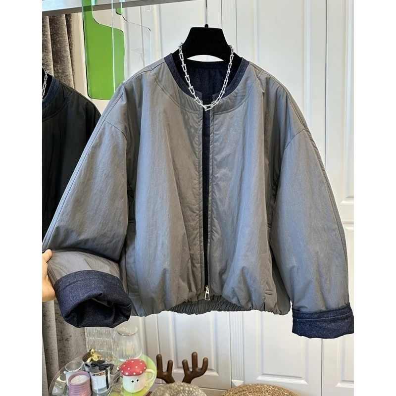 今年流行牛仔拼接纯色宽松圆领棉服女宽松外套拉链慵懒2025早秋装