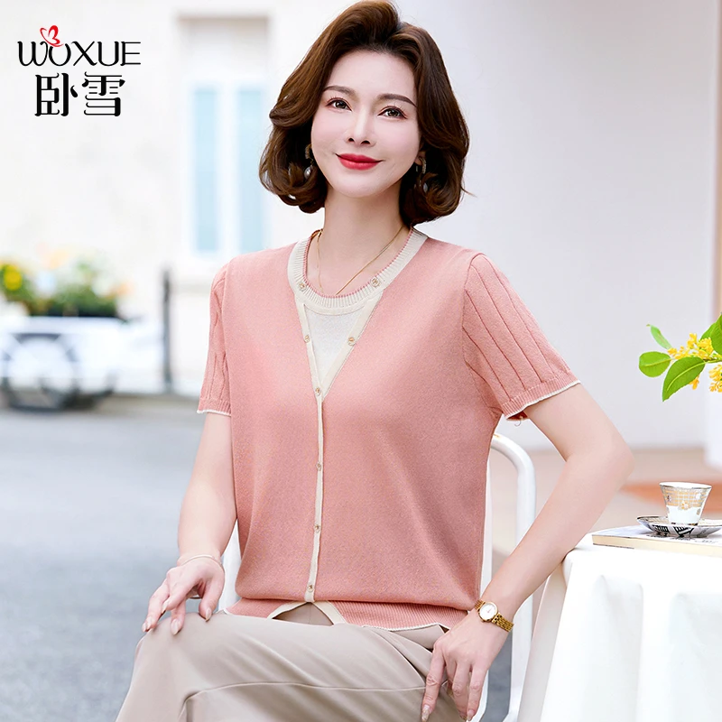 妈妈装夏季气质短袖上衣时尚中老年人女冰丝T恤宽松针织衫