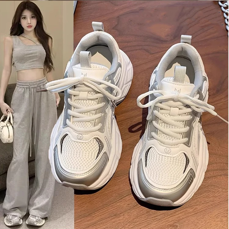 三福厚底老爹鞋女2025秋季新款百搭休闲运动鞋网面透气小白鞋女鞋