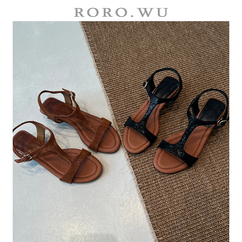 娆娆吴·牛皮简约气质丁字带低跟欧美风百搭露趾凉鞋T459