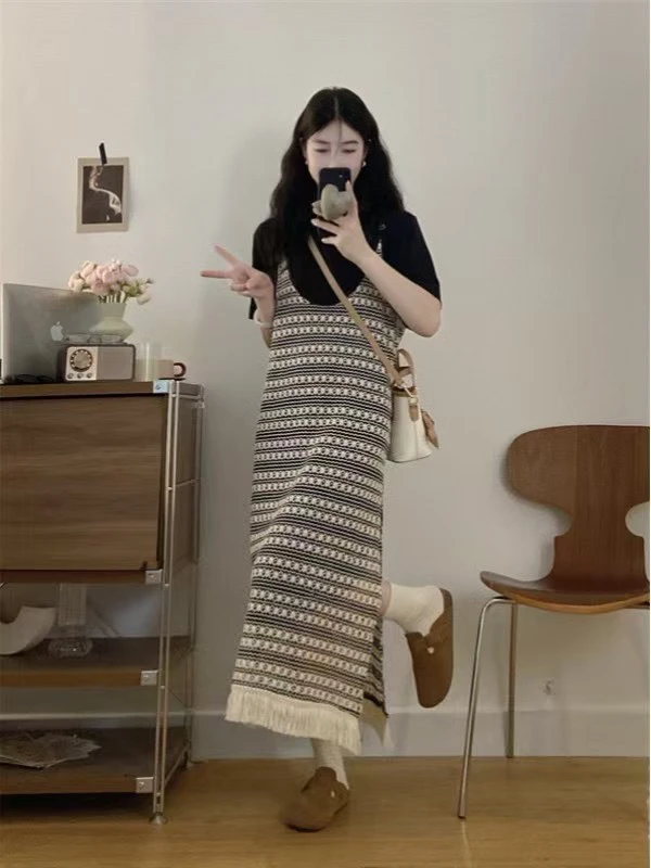 波西米亚条纹吊带连衣裙2025夏季大码胖mm宽松直筒裙t恤裙两件套