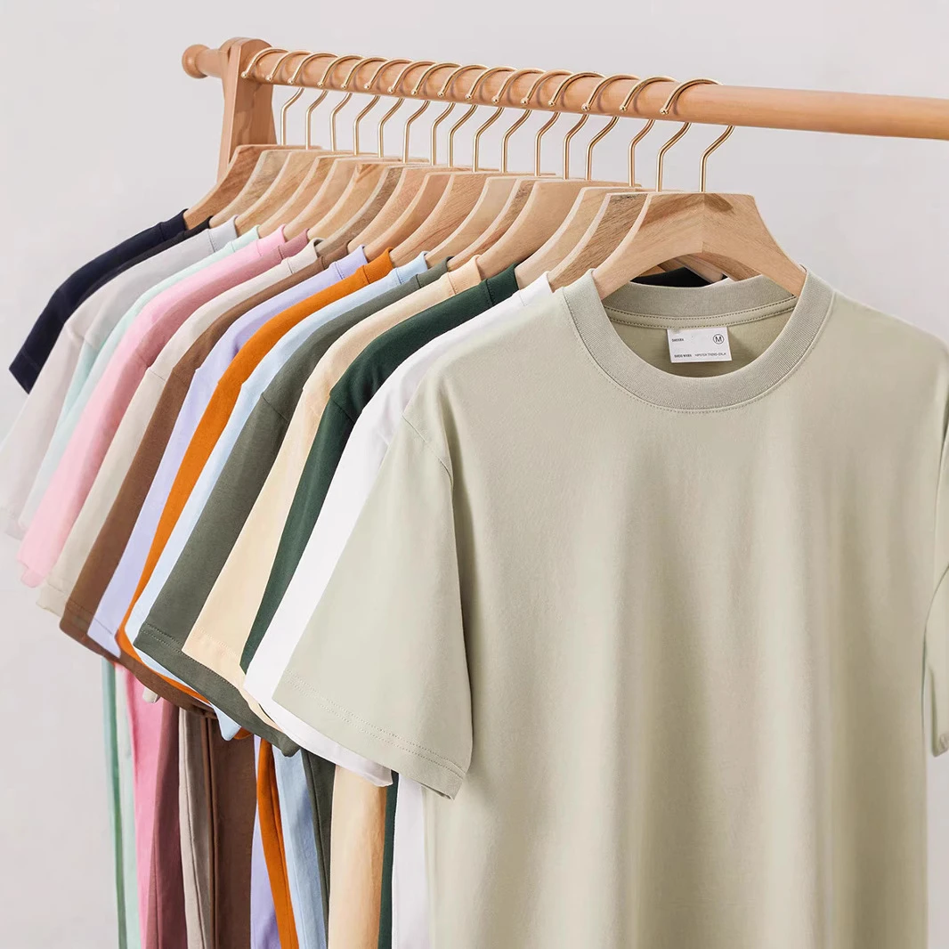 100％新疆240g重磅纯棉短袖t恤纯色落肩圆领上衣衣服宽松休闲