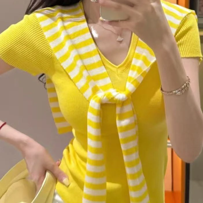 V领女短袖连帽韩版条纹毛针织衫毛衣女装刺绣夏季