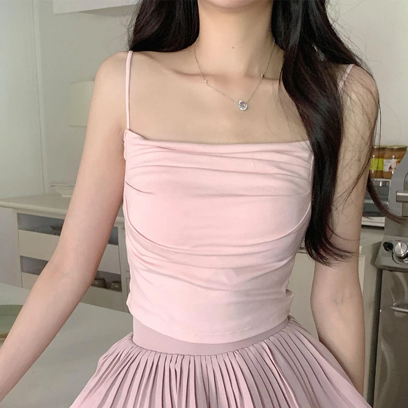 2025吊带背心新款秋冬内搭褶皱美背带胸垫一体遮副乳打底修身上衣