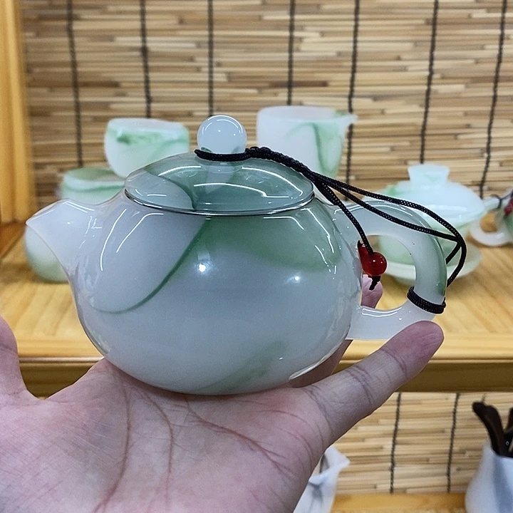 琉璃手工艺品飘绿茶壶，短嘴，小杯3个