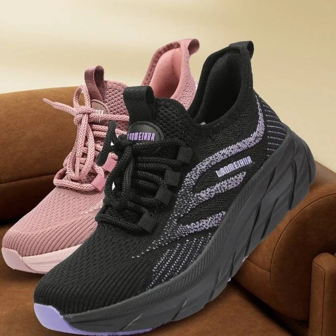 老美华秋季女士高弹飞织大码小码粉红/黑色布鞋433201021