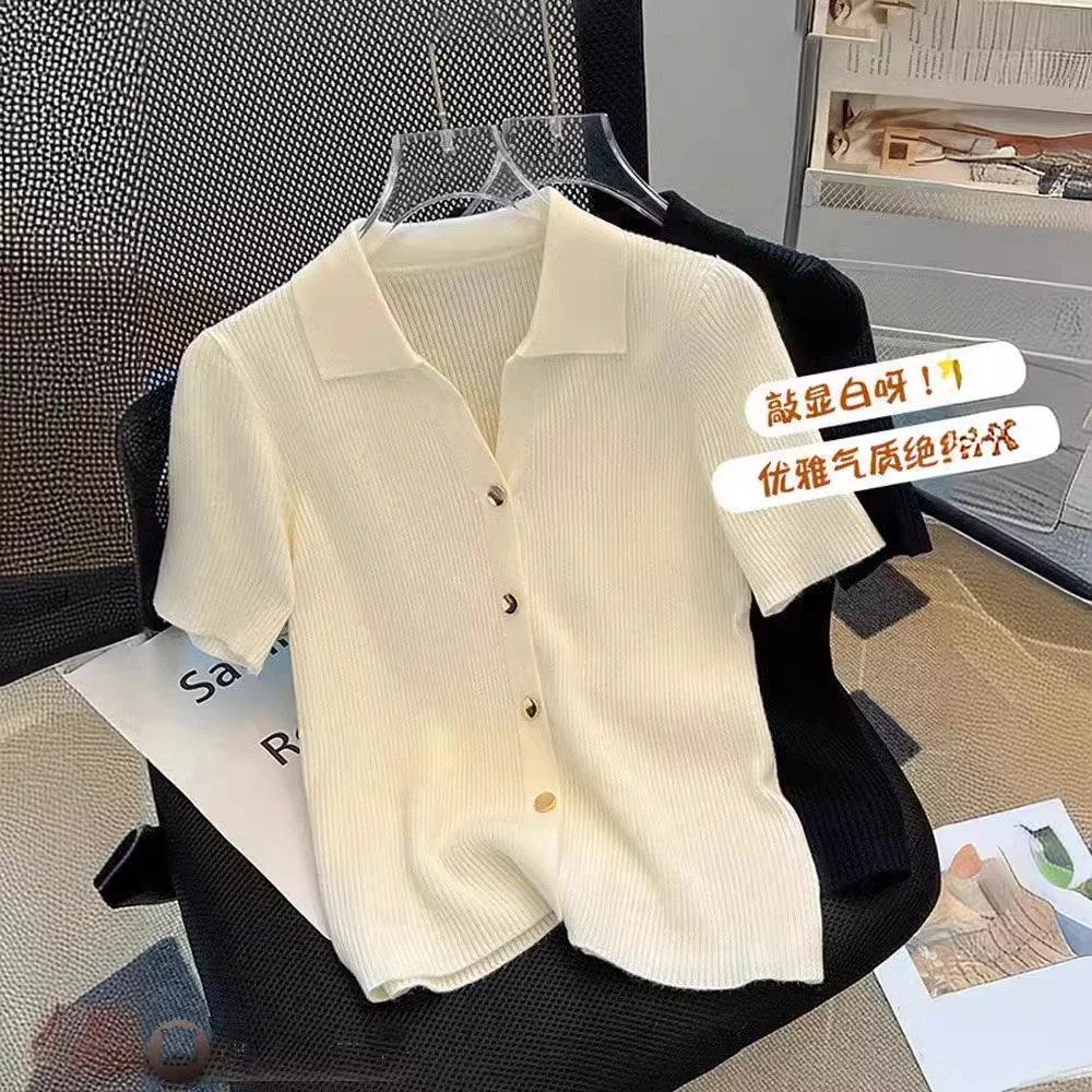 圆领夏季气质修身polo领单排扣开衫冰丝针织衫短袖女别致显瘦T恤