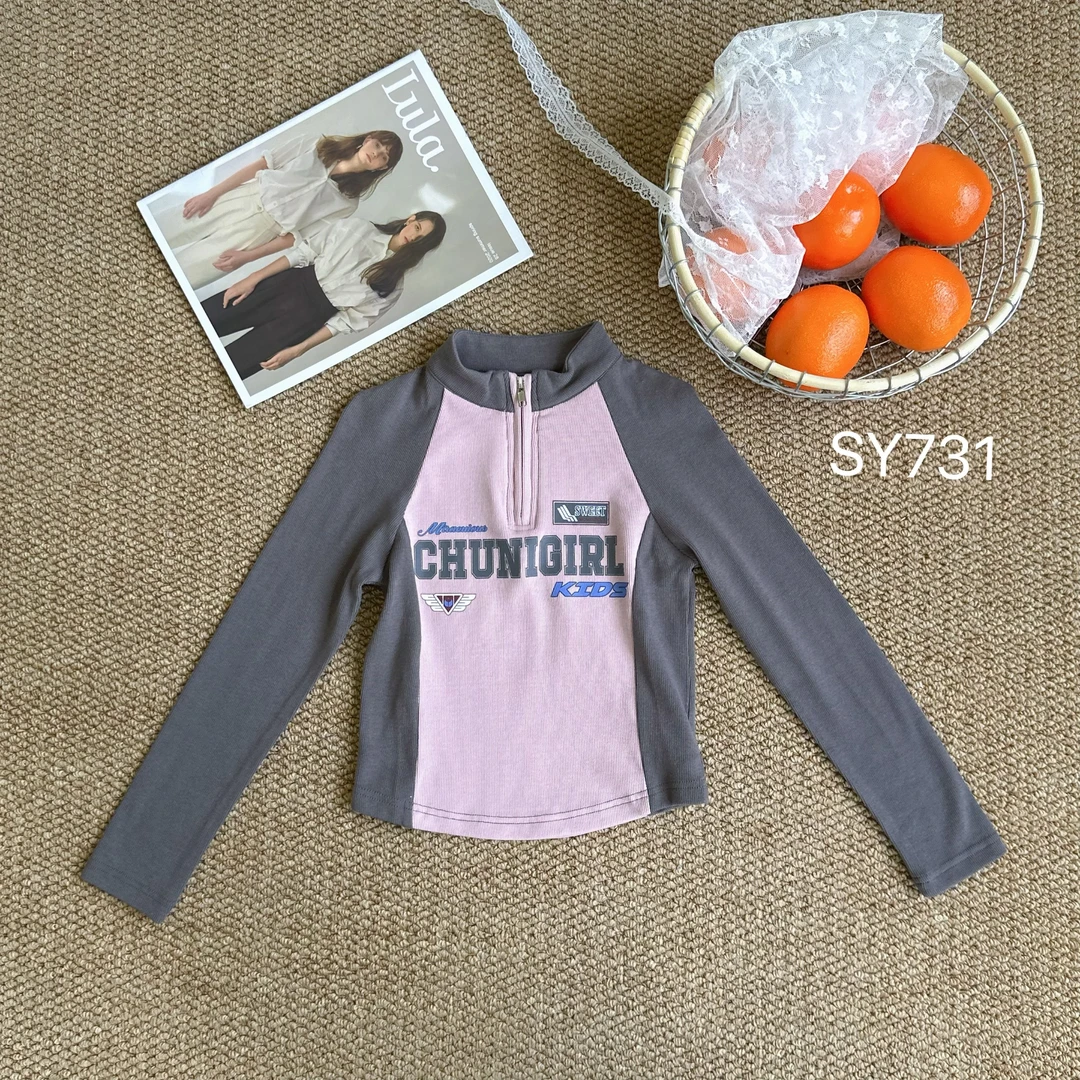 女童长袖T恤春季2025新款修身撞色拼接半拉链时尚百搭上衣潮SY731