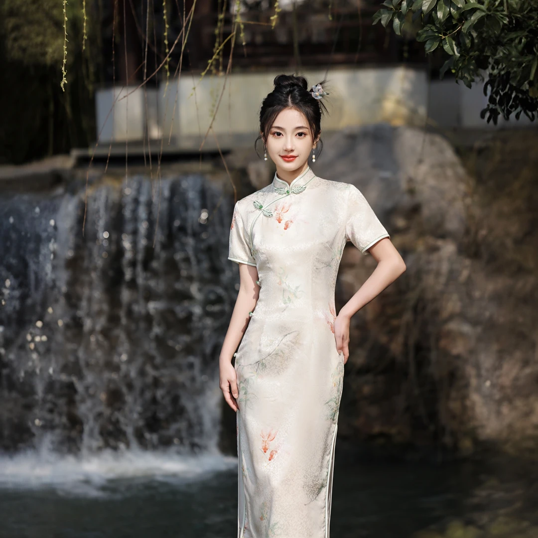 崔万志锦鲤折桂黄色新中式连衣裙旗袍显瘦气质时尚复古长款夏季