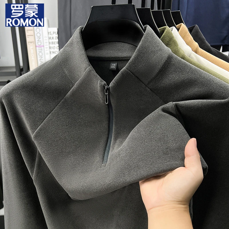 罗蒙冬季德绒长袖T恤男士半高领阳离子双面绒保暖磨毛百搭打底衫