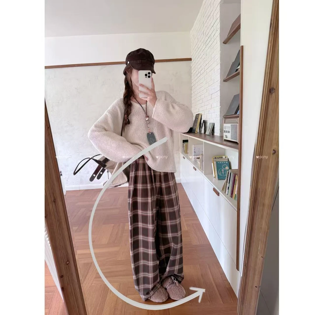 PCNY「麦格格调」不理理秋季新款小众女装经典格纹弯刀休闲裤