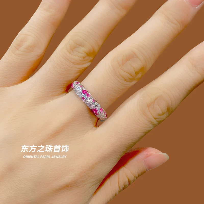 925银合成锆石戒指 渐变蜜桃粉钻排戒轻奢精致简约甜甜圈精美戒指