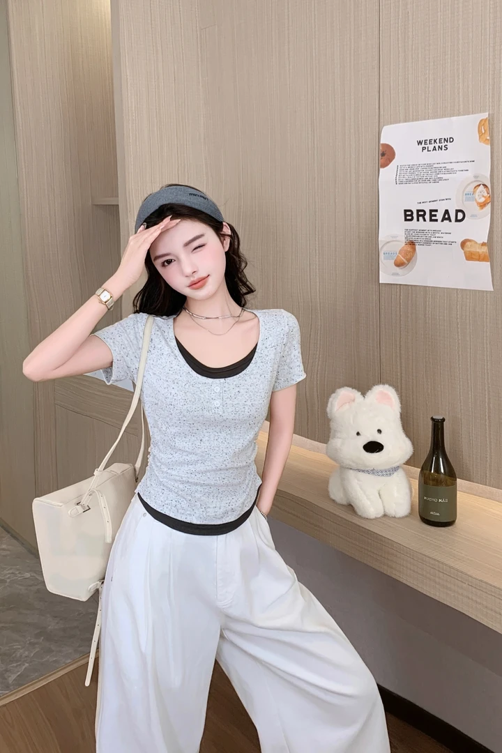 921#夏季2025新款韩版时尚百搭圆领短袖T恤女打底衫撞色修身上衣