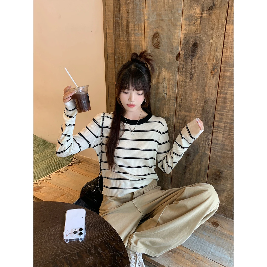 长袖黑白条纹针织衫女2025新款秋季韩系修身气质毛针织衫外穿上衣