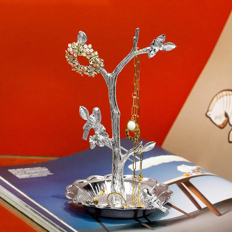 银色花枝小鸟首饰盘首饰架耳环项链架展示梳妆台首饰收纳摆件
