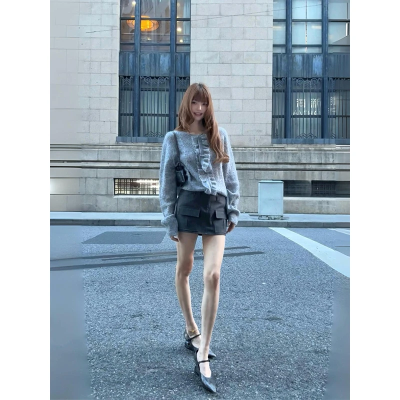 MARIE.COCO小香风木耳边长袖毛针织衫女秋季新款高腰显瘦包臀短裙