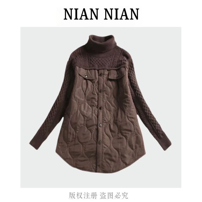 【莫言相顾】年年2025新款冬季气质百搭拼接设计高领中长款棉衣