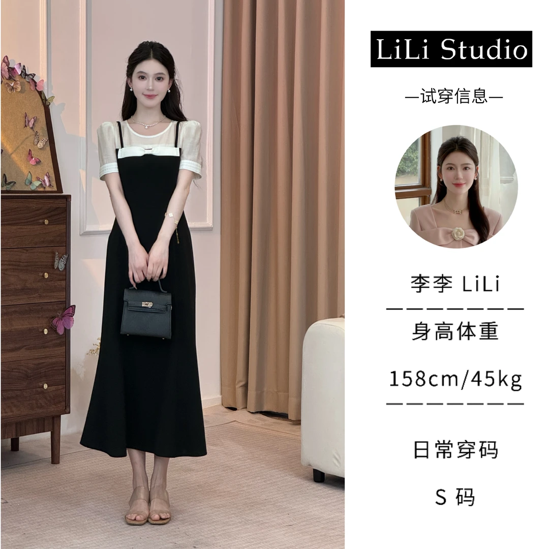 【西西里少女】LiLi法式假两件高级感气质撞色鱼尾连衣裙 XMZH3862