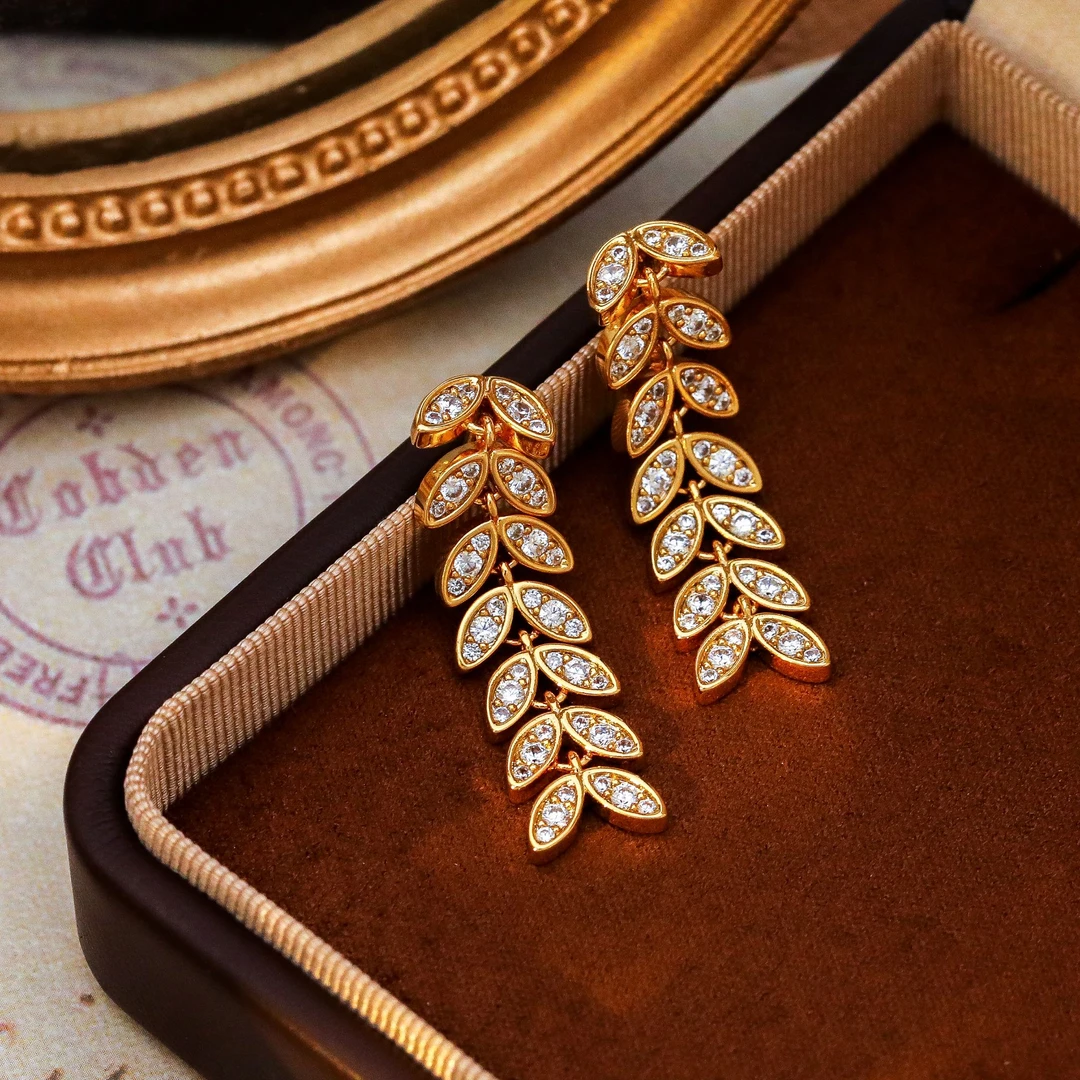 铜合金锆石耳饰 E0025新款麦穗流苏耳环轻奢长款耳钉小众时尚