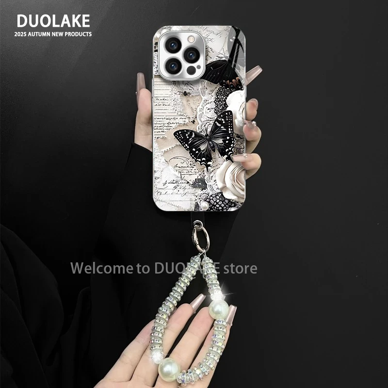 适用于苹果/oppo/华为/vivo/小米蕾丝蝴蝶电镀玻璃手链防摔手机壳