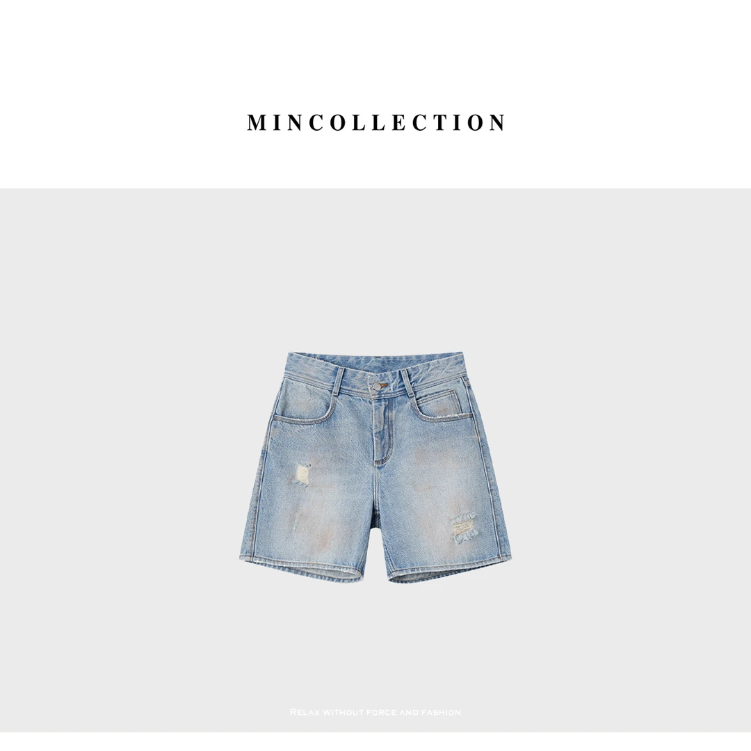 黄泥中裤/美式复古脏脏裤浅蓝破洞牛仔中裤40419