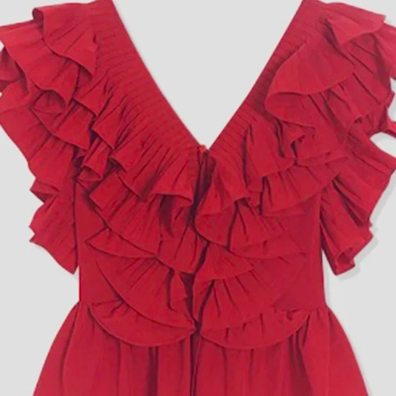 2316-G-1-1-1   荷叶边V领法式衬衣新款气质压褶收腰显瘦无袖上衣