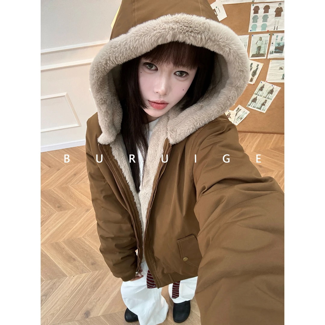BURUIGEcleanfit仿兔毛座山雕棉服冬季加厚保暖复古连帽棉衣外套