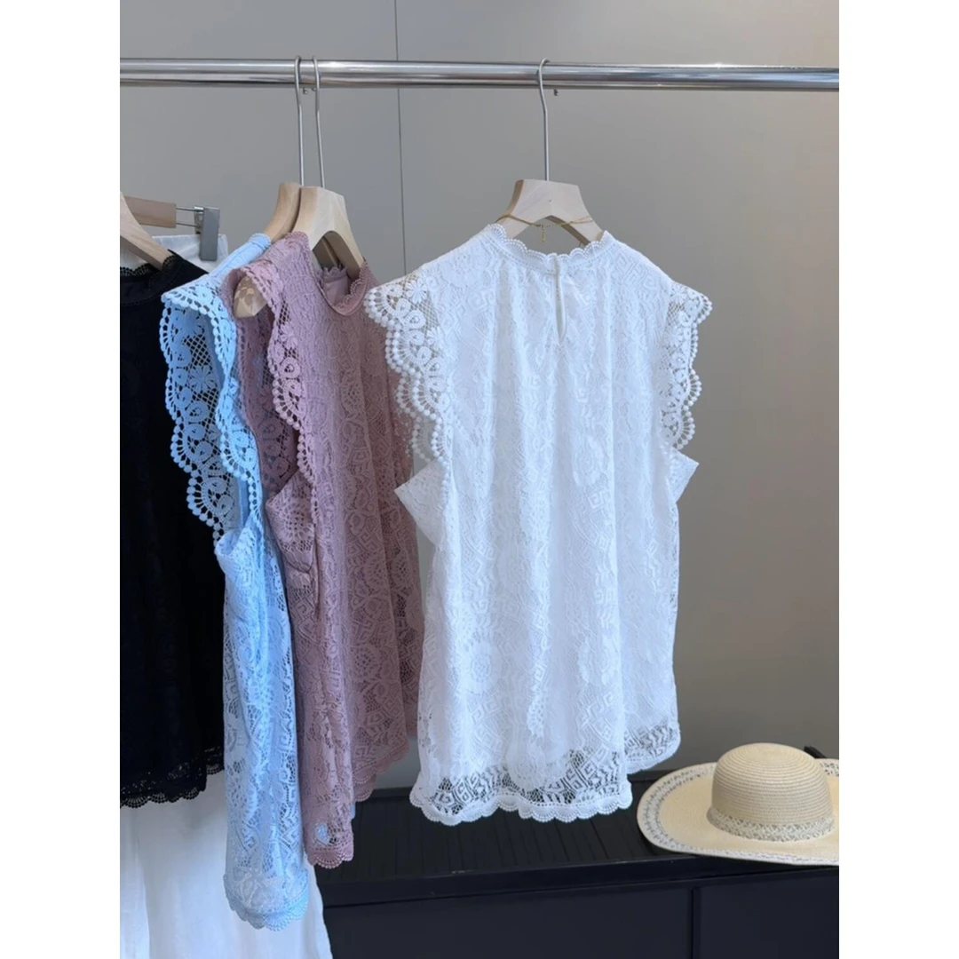 25年春夏新款甜美时髦纯色圆领蕾丝小飞袖背心