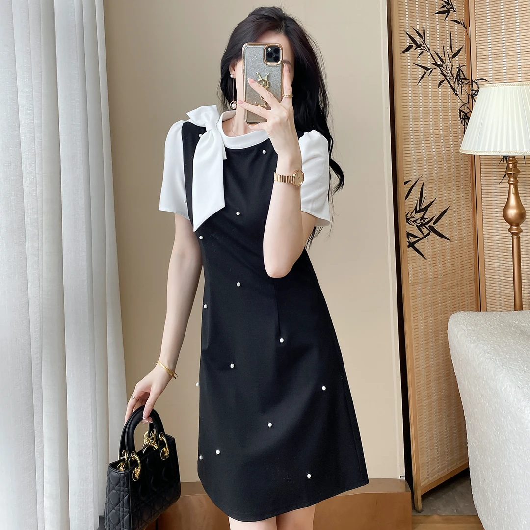 JIAQING 法式千金风黑白珍珠撞色连衣裙显瘦气质小黑裙